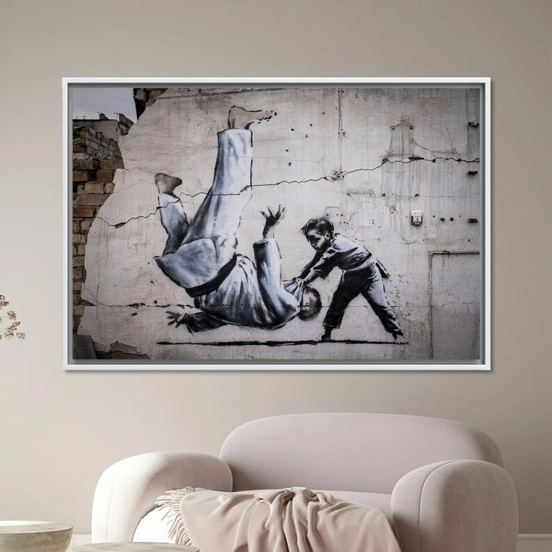Banksy Judoka, Banksy War Canvas, Sports War Art, Judoka Graffiti Art,  Banksy - Image 4 of 4