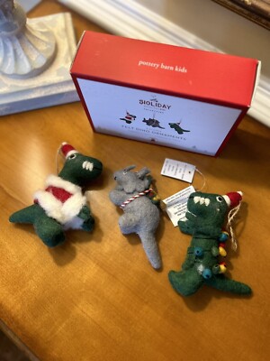 Pottery Barn Kids Dino Felted Wool Christmas Ornaments (3) NIB OB