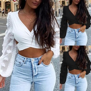 maglia donna bianca nera crop top vita alta scollatura a V sexy moda  maniche | eBay
