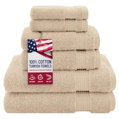 100% Cotton Turkish 6 Piece Towel Set Beige Bathroom Essentials Towels