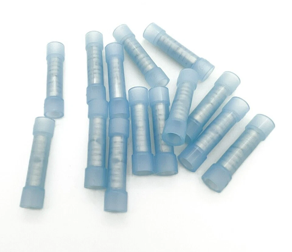 (Set/100) Blue 16-14 AWG Gauge Wire Butt Crimp Connectors For Car Radio & More - Image 2 of 3