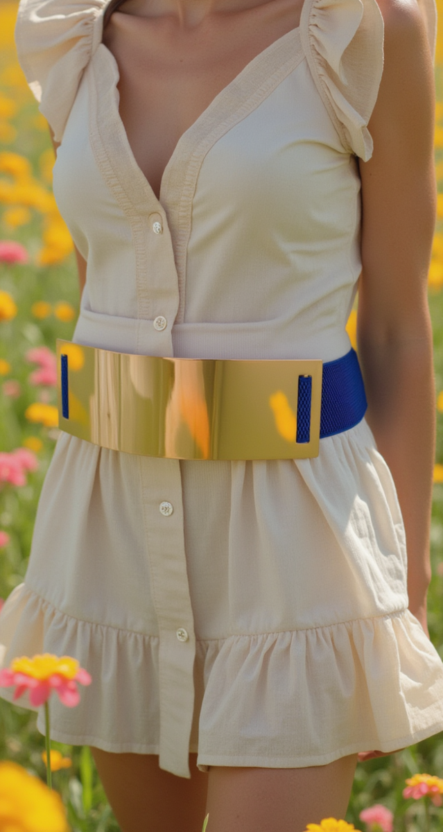 Ceinture Femme élastique Bleu Et Or – Taille Haute, Métal, Taille S, Mode