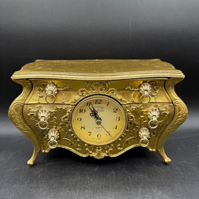Vintage Eleco Jewelry Box Clock Gold Tone Ornate Unisex OS Baroque Rococo Boho