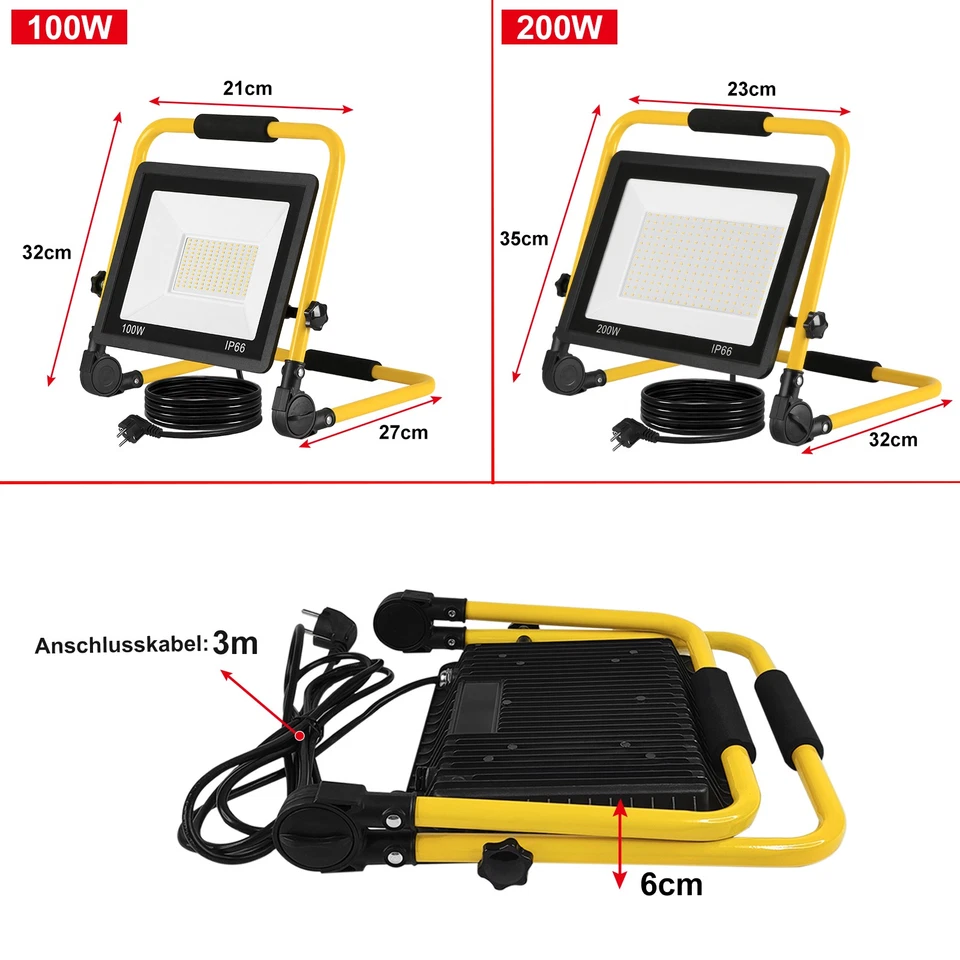 100W 200W Fluter LED Flutlicht Scheinwerfer Baustrahler mit Stativ und Stecker - Bild 2 von 4