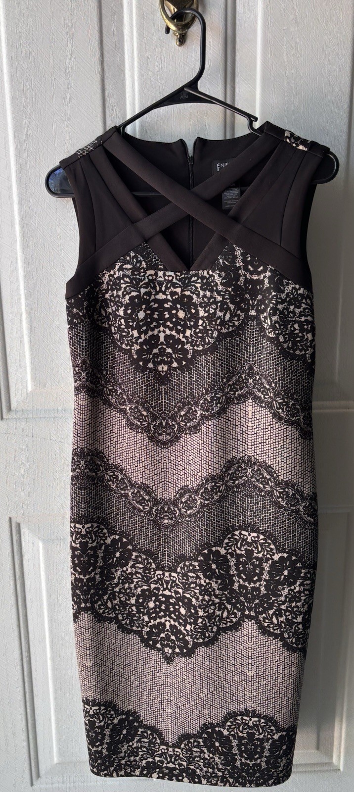 Enfocus Studio Black Beige Lace Print Sheath Dress V-Neck Sleeveless Size 6