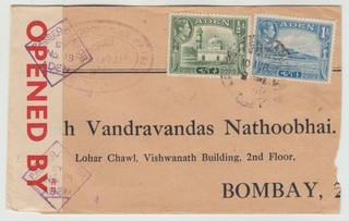 ADEN 1941 CENSOR cover ADEN CAMP BOMBAY INDIA