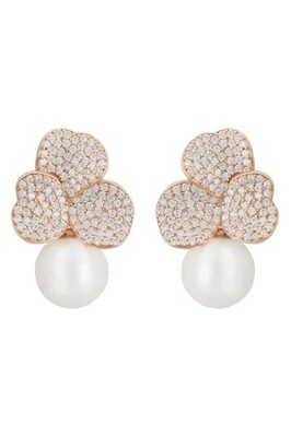 Iris Flower and Pearl Dangle Earrings Rosegold