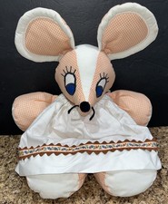 Vtg Sandra Claus Shoppe 16  Plush Mouse Pastel Orange Gingham w/Drawstring Dress