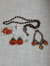 Lot of Halloween Jewelry: Necklace, Bracelet, Earrings, 3 Charms