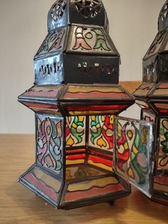 Pair of Vintage Hand Painted Moroccan Candle Lanterns