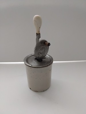 Vintage A & J Hand Rotary Egg Beater Mixer with Cream Handle & Stoneware Jar