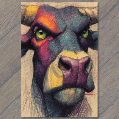 STICKER Angry Bull Colorful Face Scratch Texture Intense Eyes Abstract Horns