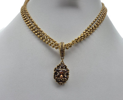 Signed Todd Anthony Brown Rhinestone Triple Chain Pendant Necklace Vintage