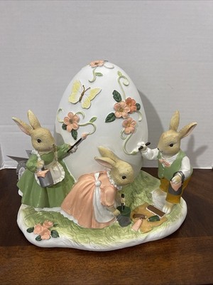 Bunnies Painting Easter Egg (Peter Rabbit Style) Lighted Figurine- Gorgeous!