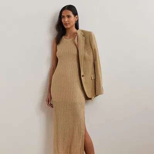 LRL Ralph Lauren Tan Knit Sleeveless Maxi Dress Women XL Linen Blend Boho NWD