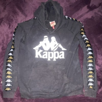Kappa Black Pullover Hoodie Large Logo Tape Sleeve Fleece Cotton Men's