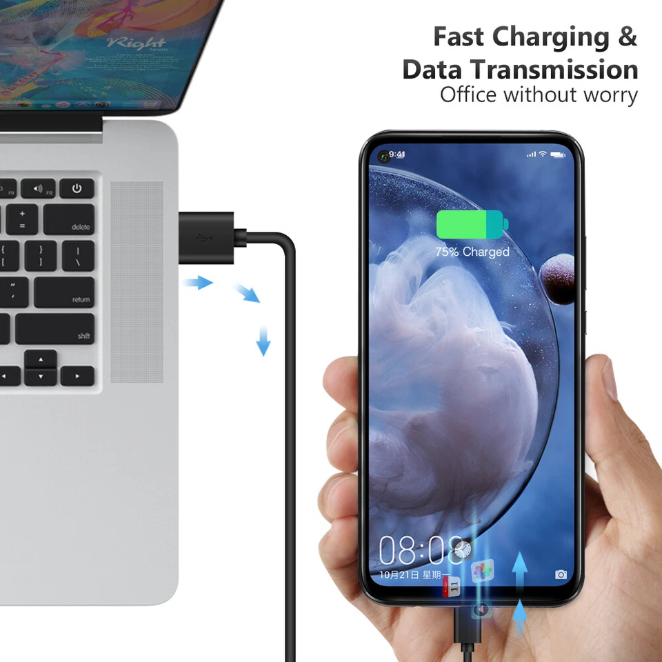 Fast Charge USB Type C Data Sync Charging Charger Cable For HUAWEI Samsun Black - Image 2 of 4