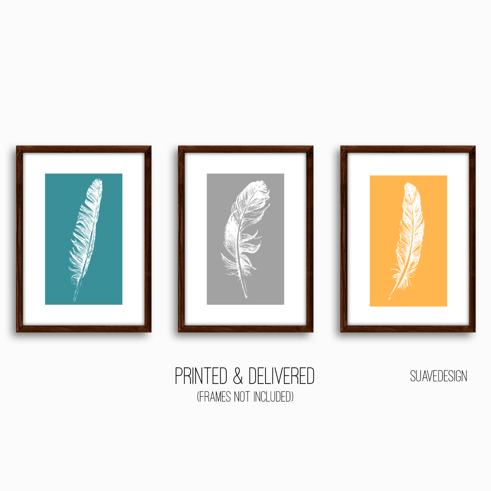 Grey Feather Prints, Home Wall Decor Art, Set of 3 Sketched Minimal