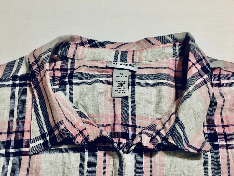 Camisa Catherines para mujer a cuadros con botones gris rosa negro plata talla 4X 30/32W Foto 3 de 4