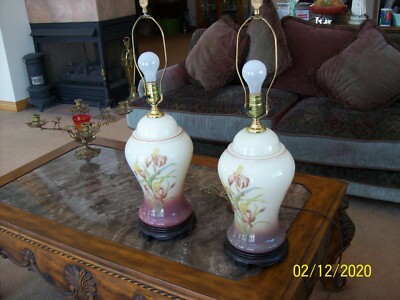 Iris Handpainted Floral Vtg Ginger Jar Style Porcelain 2 Matching Table Lamps