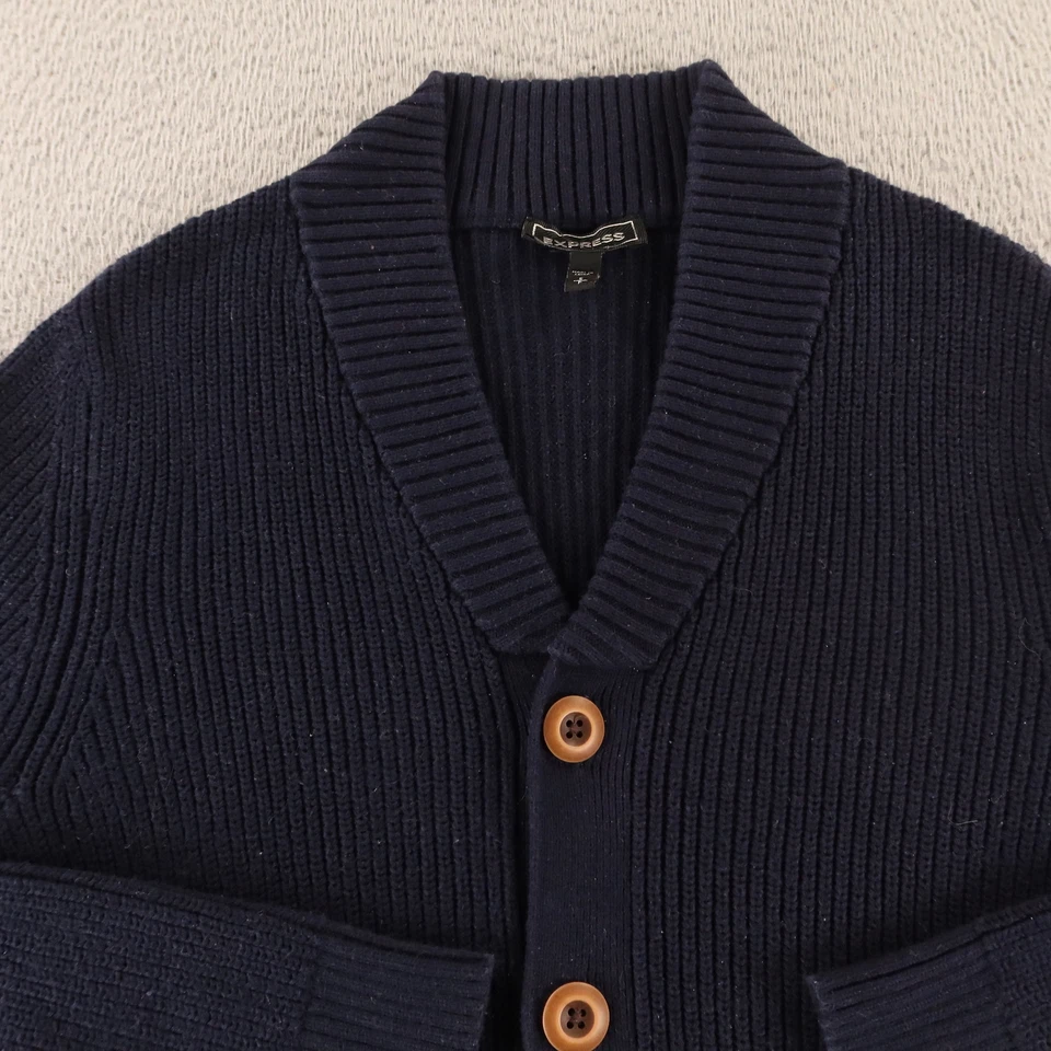 Cardigã feminino Express suéter azul S 100% algodão bolsos com nervuras - Imagem 2 de 4