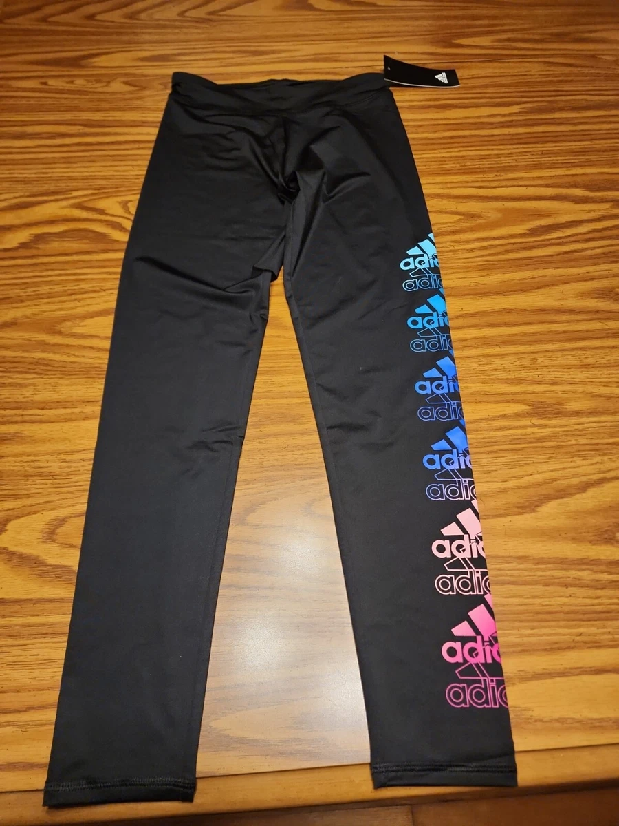 NWT Adidas Girl s Black Stretch Leggings Rainbow Logos Size Large 14