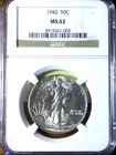 BRILLIANT 1942 MS62 .50C WALKING LIBERTY - NGC