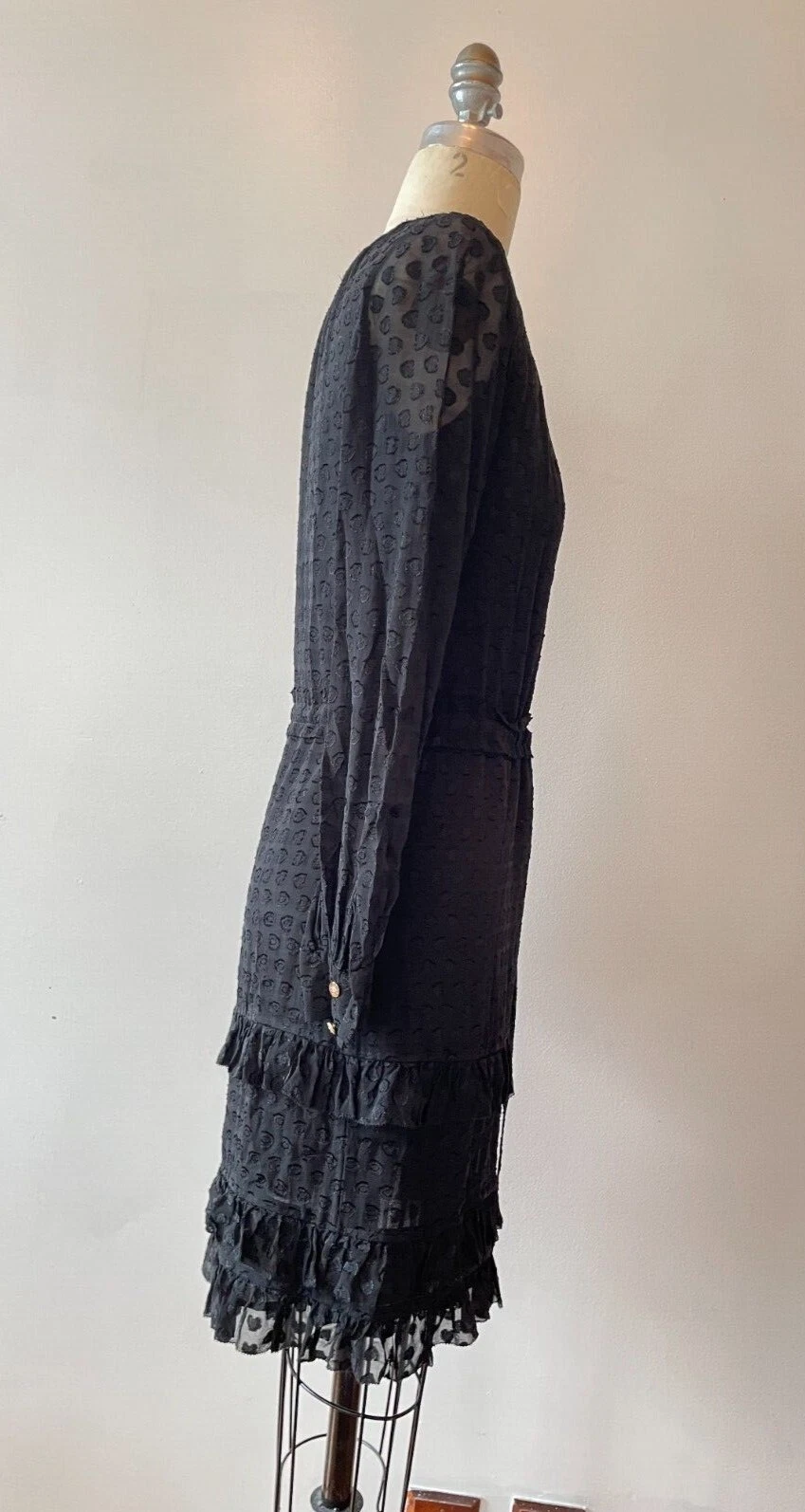 Abito con volant nero Tory Burch a strati con maniche lunghe trasparenti taglia 2