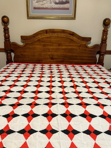 Vintage Hand-Stitched Patchwork Quilt Size 67x77, Red, White, Black