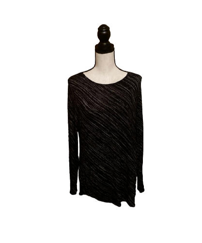 Apt. 9 Camicia Media Base Nera Con Stampa Righe Bianche Manica Lunga Scollo Scoop Top - Foto 1 di 5