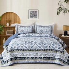 DJY King Size Quilt Sets, Navy Blue Floral Quilt Set King 3 Pieces Boho