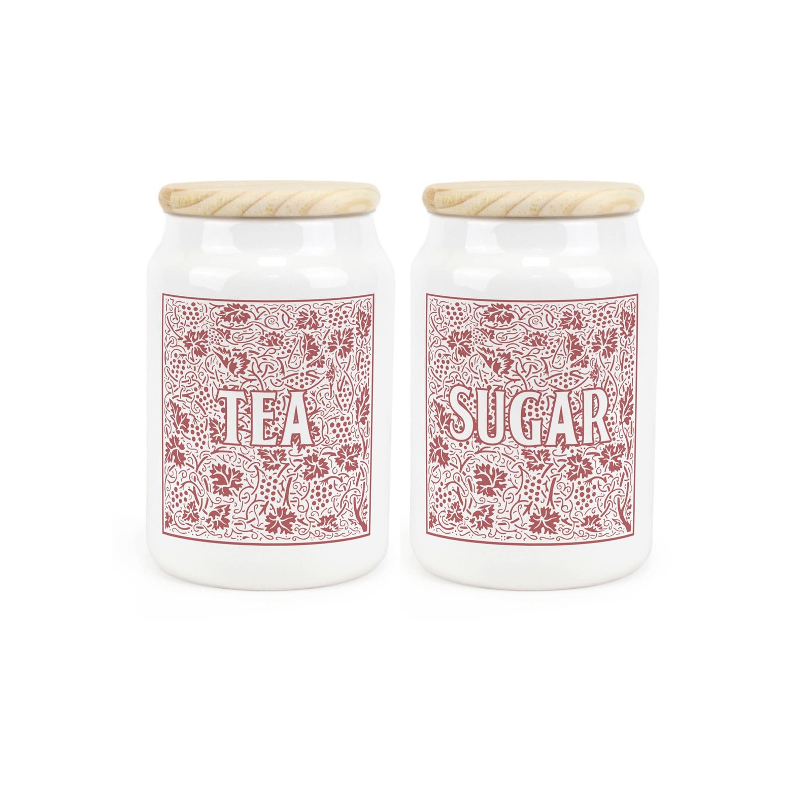 Red Oak Leaves & Berries Tea & Sugar Canisters - Ceramic Kitchen Storage Gift
