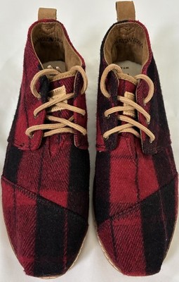 Toms Women Bota Red/Black Plaid Felt On Leather Lace-Up Shoes Size 7.5