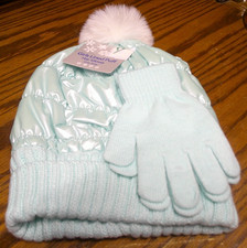 Light Green Girls' Lined Beanie Gloves Set-One Size-Warm/Soft White Pom 1057