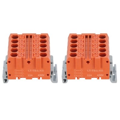 2 Pcs 5 in 5 Out 450V 32A Din Rail Terminal Block for 24-12AWG Cable, Orange