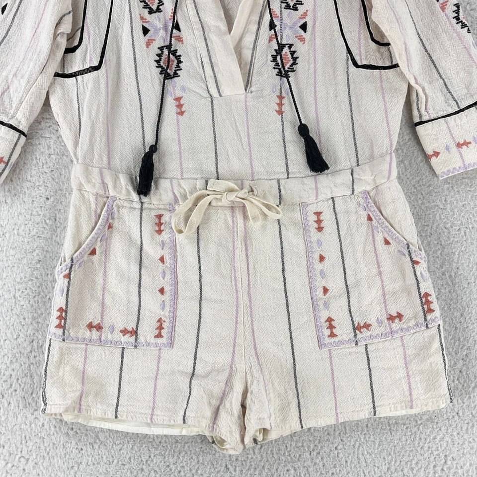 Free People Baja Aztec Romper Womens Size XS Ivory Embroidered 3/4 Sleeve Casual - Изображение 4 из 4