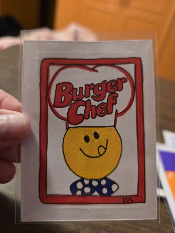 ACEO Original Painting Acrylic 2.5x3.5 Burger Chef Logo Burger Fast Food