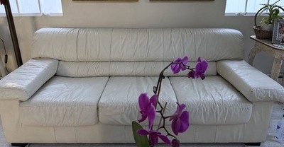 White Leather 3-Seat Sofa, High Back, Contemporary Arms, Wood Frame, Cushions