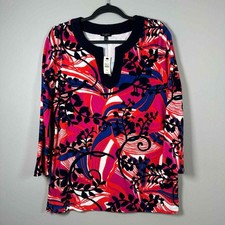 NWT Talbots PM Tunic Top Pink Blue 3/4 Sleeve Tropical Floral Terry Split Neck