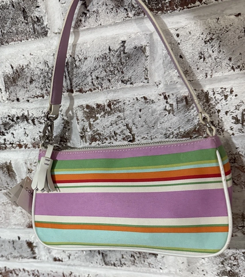 Mini Bolso Demi Vintage Coach Hamptons Rayas Rosa Verde Púrpura Cartera F10802 NUEVO Foto 2 de 4