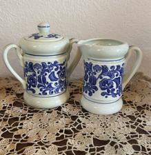 Antique Sugar and Creamer Pitcher Set Vivid Color Flow Blue & White Floral