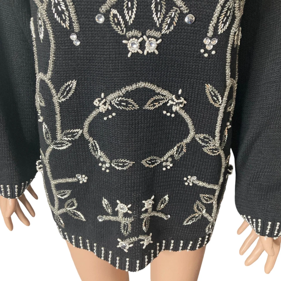 Vintage Victoria Harbour Sweater Womens Large Beaded Rhinestone Black White - Image 4 of 4