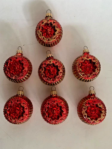 Hand Blown Glass Red and Gold Glittered Christmas Ornaments KS Germany 7 pcs