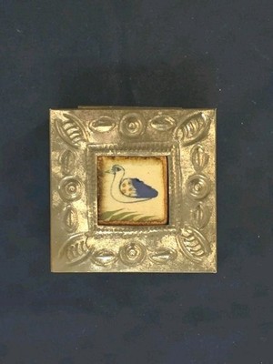 Mexico Trinket Box Hinged Lid Punched Tin w Tonala Ceramic Duck Tile 3.5''