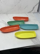 Vintage Kenly Boat Tray Set Plastic Hot Dog Sandwich Dishes Mid Century USA