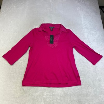 Lauren Ralph Lauren Petite Large Collar Tunic Top 3/4 Sleeve Pink Blouse