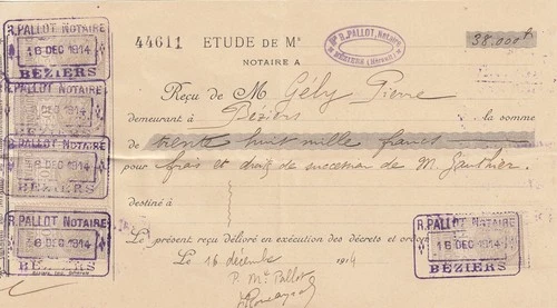 38,000 francs - bank cheque receipt - R.Pallot notary - 1914