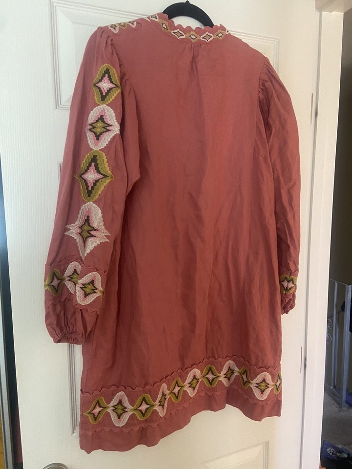 Boden dress size 10 Embroidered Linen Mini pockets bobo chic lagenlook