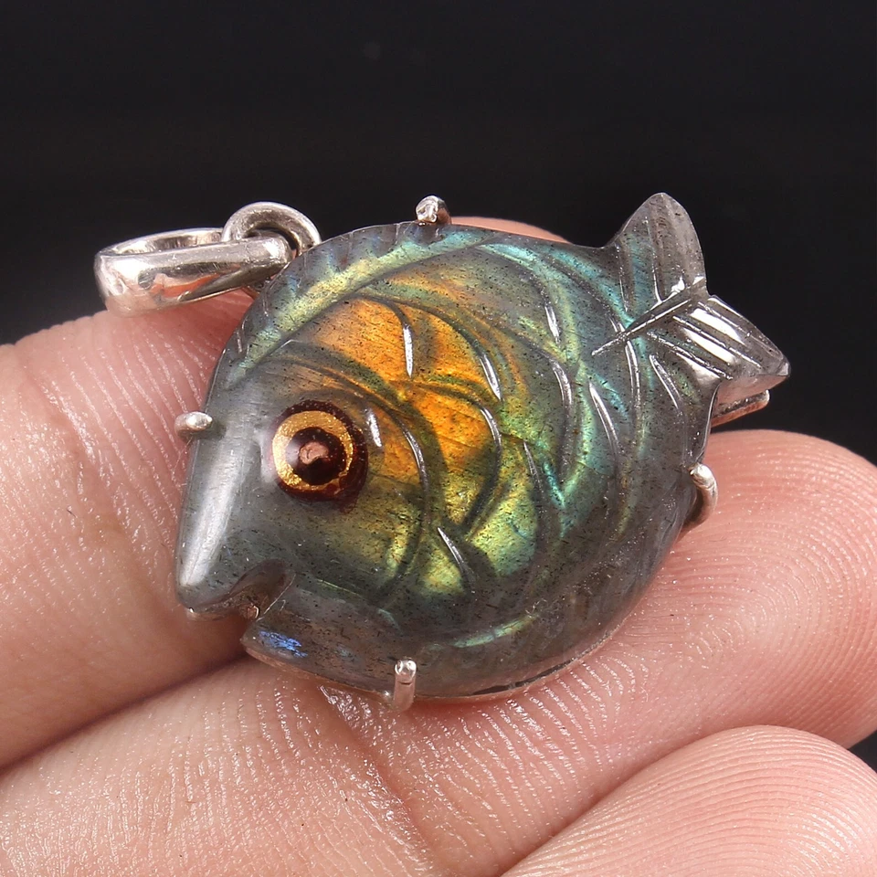 925 Sterlingsilber Natürlich Labradorite Edelstein Schnitzerei Fisch Anhänger - Bild 2 von 4