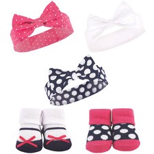 Hudson Baby Infant Girl Headband and Socks Set 5pk, Navy Pink Dot, 0-9 Months